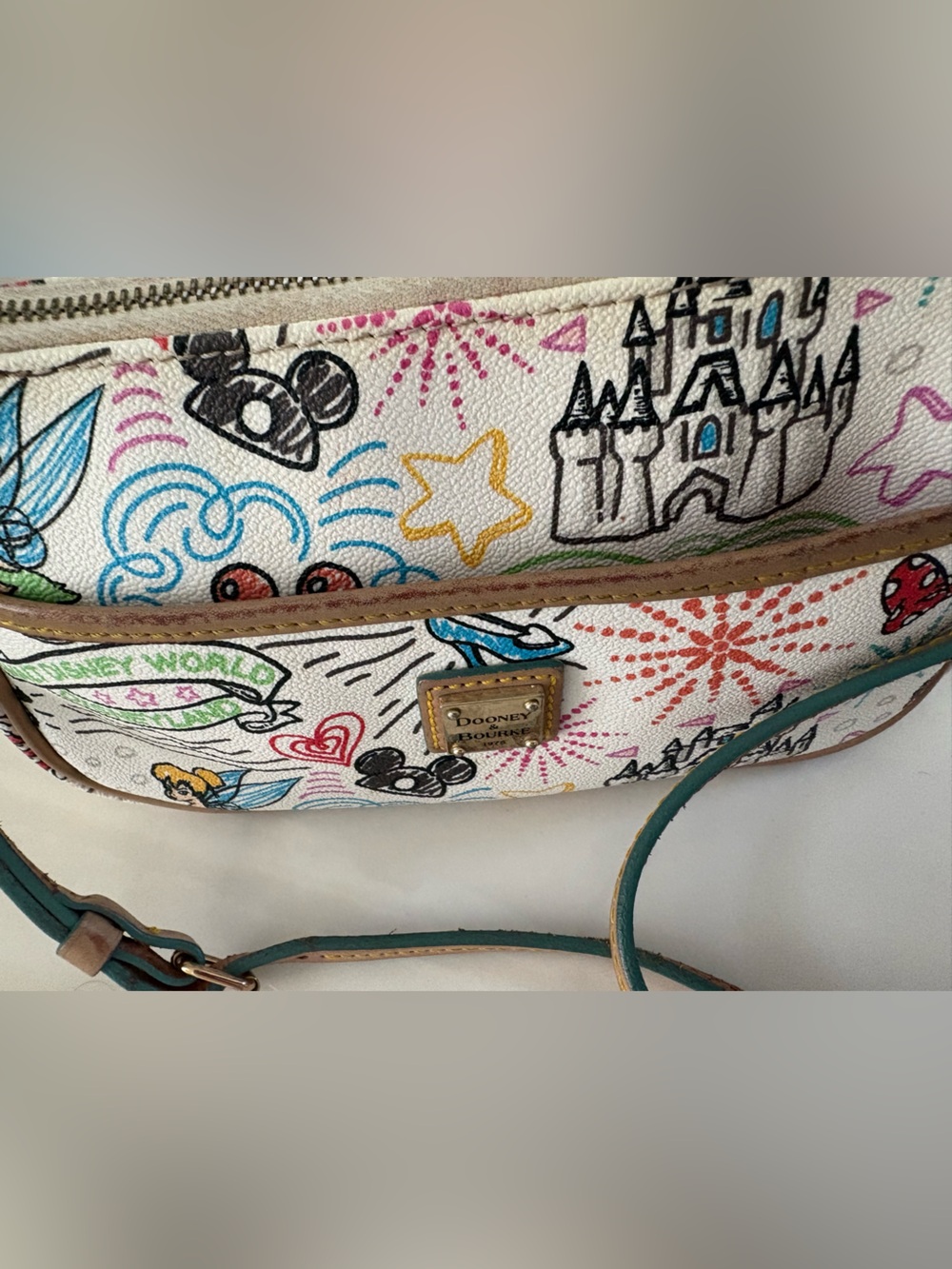 Dooney & Bourke White Multicolor Doodle Crossbody with Teal Strap